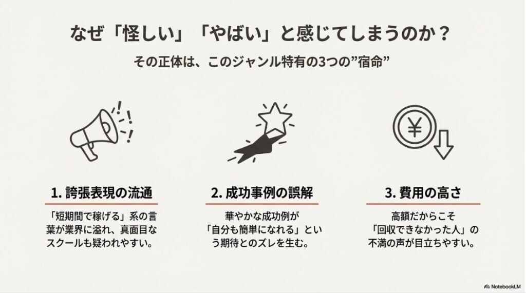 SAKIYOMIスクールの評判や料金は？口コミから見る注意点とは：sakiyomiスクールなどが怪しい・やばいと言われる3つの理由（誇張表現、成功事例の誤解、高額費用）