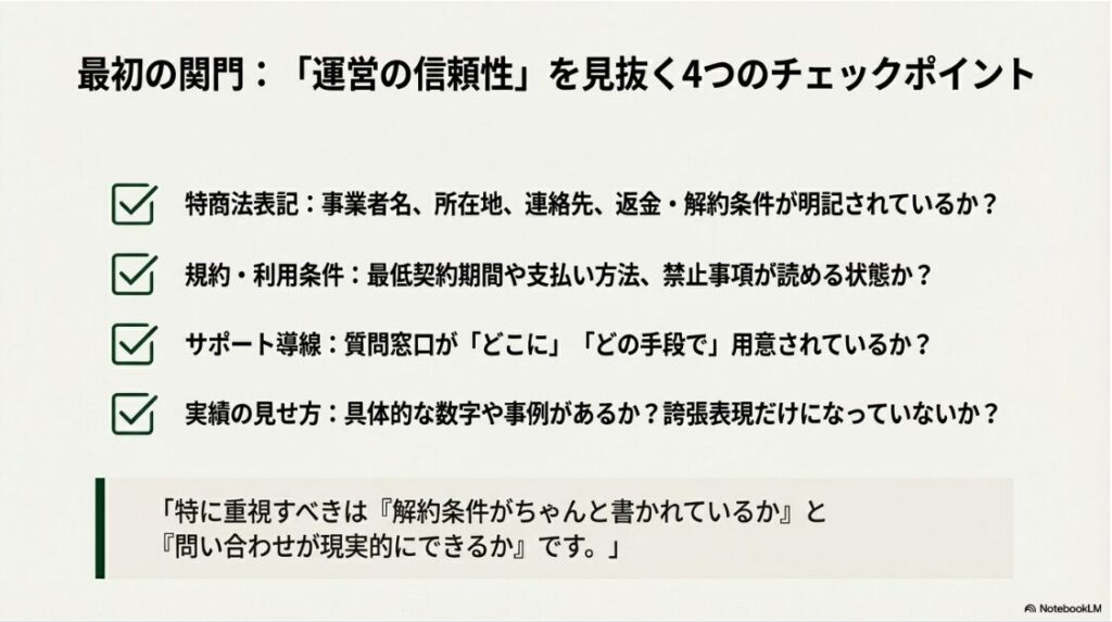 SAKIYOMIスクールの評判や料金は？口コミから見る注意点とは：sakiyomiスクールの信頼性を確認する4つのポイント（特商法表記、規約、サポート導線、実績の具体性）
