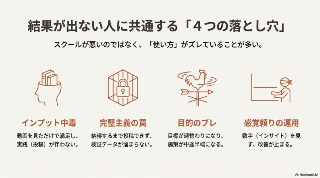 SAKIYOMIスクールの評判や料金は？口コミから見る注意点とは：sakiyomiスクールで結果が出ない人の共通点（インプット中毒、完璧主義、目的のブレ、感覚運用）