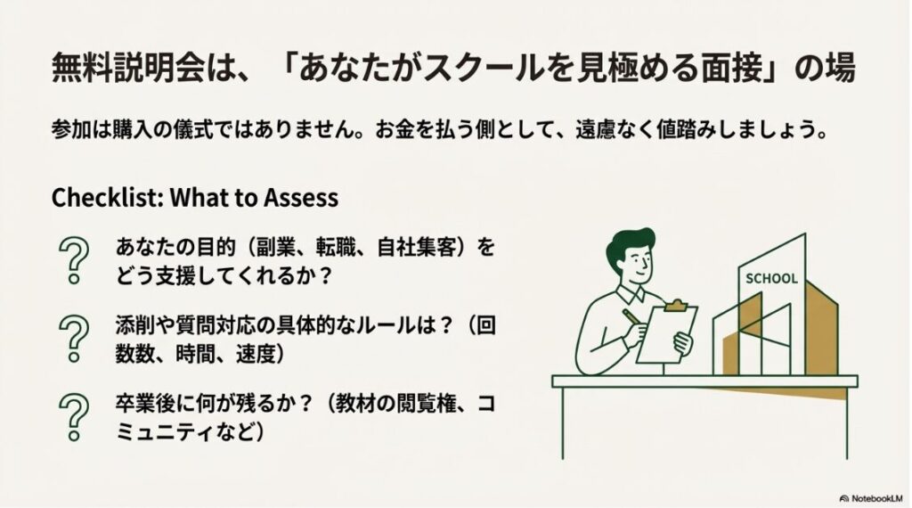 SAKIYOMIスクールの評判や料金は？口コミから見る注意点とは：sakiyomiスクールの無料説明会で確認すべき3つのチェックリスト（目的支援、添削ルール、卒業後の資産）