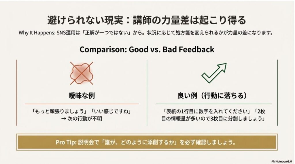 SAKIYOMIスクールの評判や料金は？口コミから見る注意点とは：SNS運用スクールにおける良い添削と悪い添削の比較例（具体的行動か抽象的か）