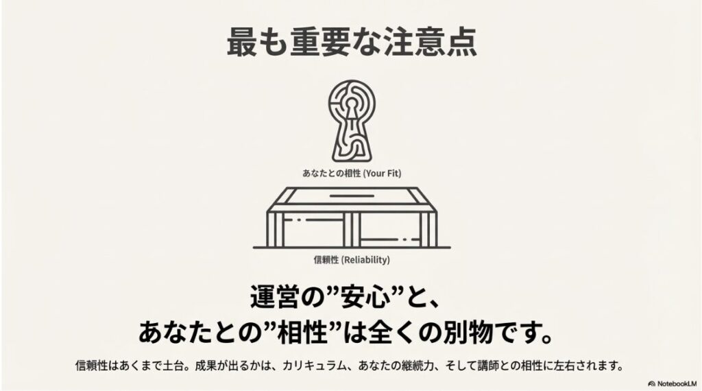 SAKIYOMIスクールの評判や料金は？口コミから見る注意点とは：sakiyomiスクールの運営信頼性はあくまで土台であり、成果が出るかはカリキュラムとの相性に左右されるという注意点