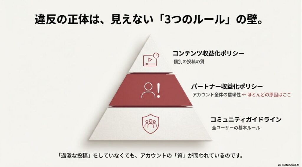 インスタが収益化ポリシー違反で停止？コンテンツ収益化ポリシー、パートナー収益化ポリシー、コミュニティガイドラインの3つの違いを図解