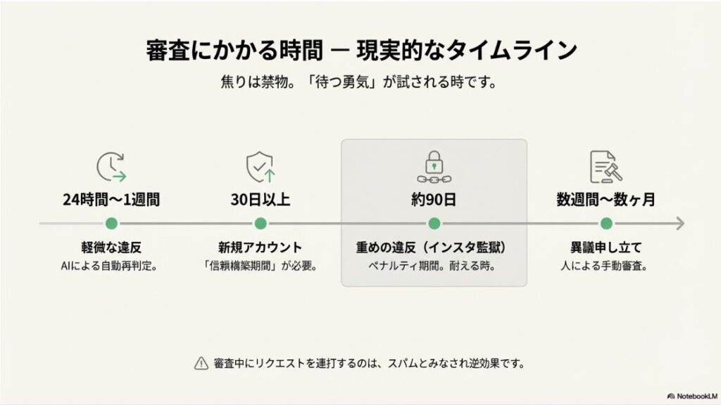 インスタが収益化ポリシー違反で停止？軽微な違反から異議申し立てまで、審査にかかる期間の目安（24時間〜数ヶ月）