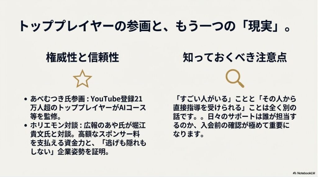 バズカレッジは怪しい詐欺？稼げない評判：YouTube登録者21万人のあべむつき氏による監修と、広報担当あや氏が堀江貴文氏と対談した実績による信頼性の証明