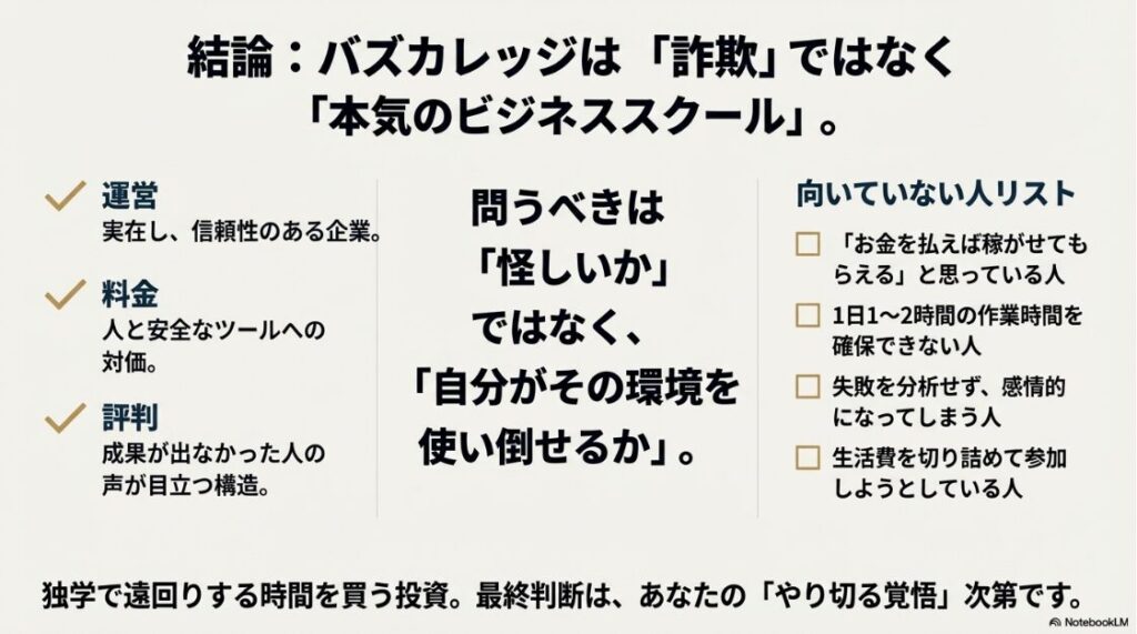 バズカレッジは怪しい詐欺？稼げない評判：バズカレッジは詐欺ではなくビジネススクールであるという結論。向いている人と不向きな人のチェックリスト