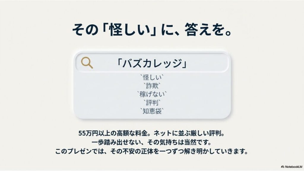 バズカレッジは怪しい詐欺？稼げない評判：バズカレッジが怪しい・詐欺・稼げないと言われる評判の正体と真実についてのプレゼンテーション表紙