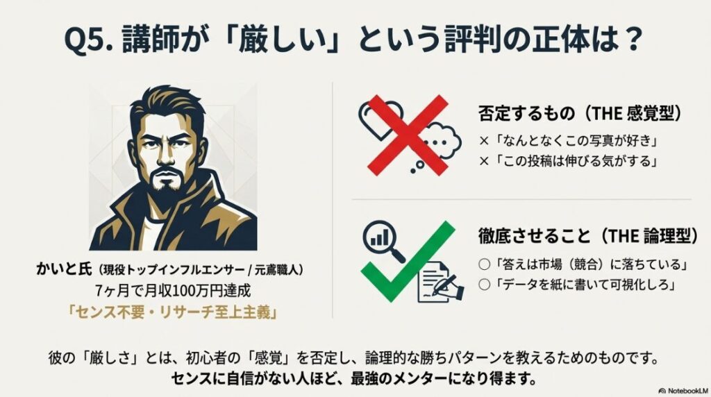 バズカレッジは怪しい詐欺？稼げない評判：バズカレッジ講師かいと氏のプロフィール。感覚型を否定しリサーチ至上主義を教える論理的指導について