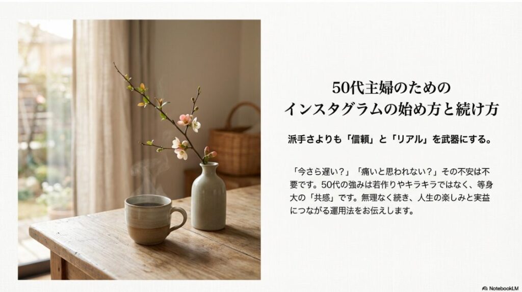 50代主婦のためのインスタグラムの始め方：窓辺の花とコーヒーの写真。「50代主婦のためのインスタグラムの始め方と続け方。派手さよりも信頼とリアルを武器にする」というタイトル文字。