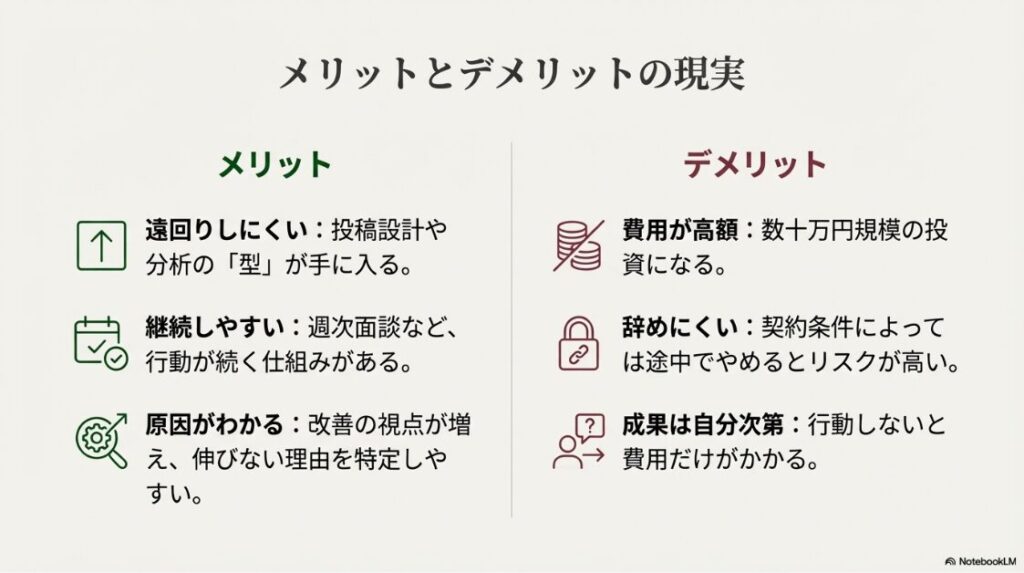 HERO'ZZ UNIVERSITYの口コミ│SNS大学はやばい？料金解説：SNS大学のメリット（型の習得・継続）とデメリット（高額費用・解約リスク）の比較図