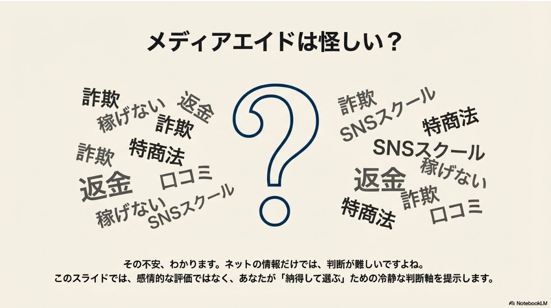 メディアエイドは怪しい？SONOMAMA SNSスクール料金真相：「メディアエイド 怪しい」「詐欺」「返金」などの検索キーワードと、それらを冷静に判断するための指針を示すスライド