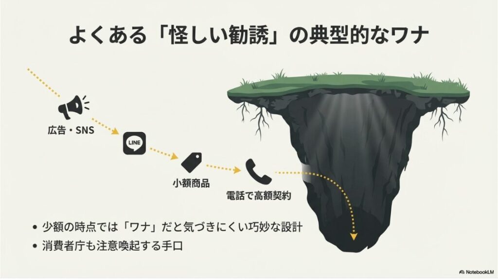 SNS運用代行スクールは怪しい？詐欺の見分け方と安全な選び方：SNS副業詐欺によくある広告から高額契約への誘導フロー