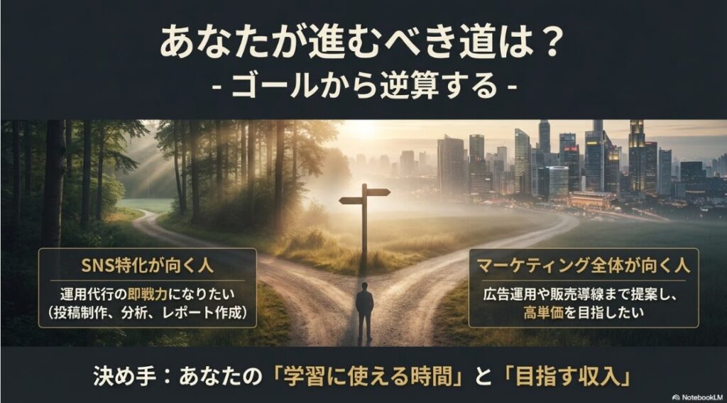 SNS運用代行スクールは怪しい？詐欺の見分け方と安全な選び方：SNS特化型とマーケティング全体型のスクール選びのゴール逆算チャート