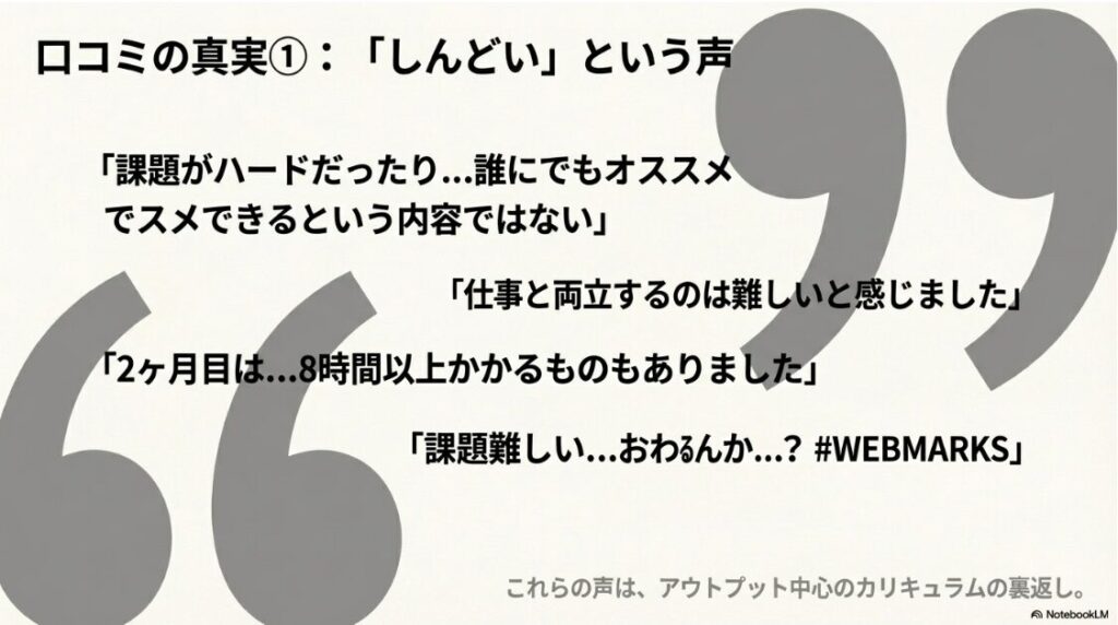 WEBMARKS(ウェブマークス)は怪しい？評判と口コミや料金解説：課題がハード、仕事との両立が難しいといったWEBMARKSの厳しい口コミと評判