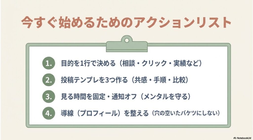 インスタに飽きた！苦手でも収益化できる：目的を決める、テンプレを作る、見る時間を固定する、導線を整えるという4つの具体的なアクションステップ。