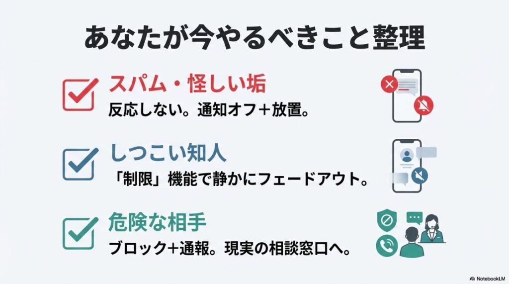 インスタでフォローリクエストがしつこい?拒否:スパムには放置、知人には制限、危険な相手にはブロックという、相手別の最適な対処法まとめ図。