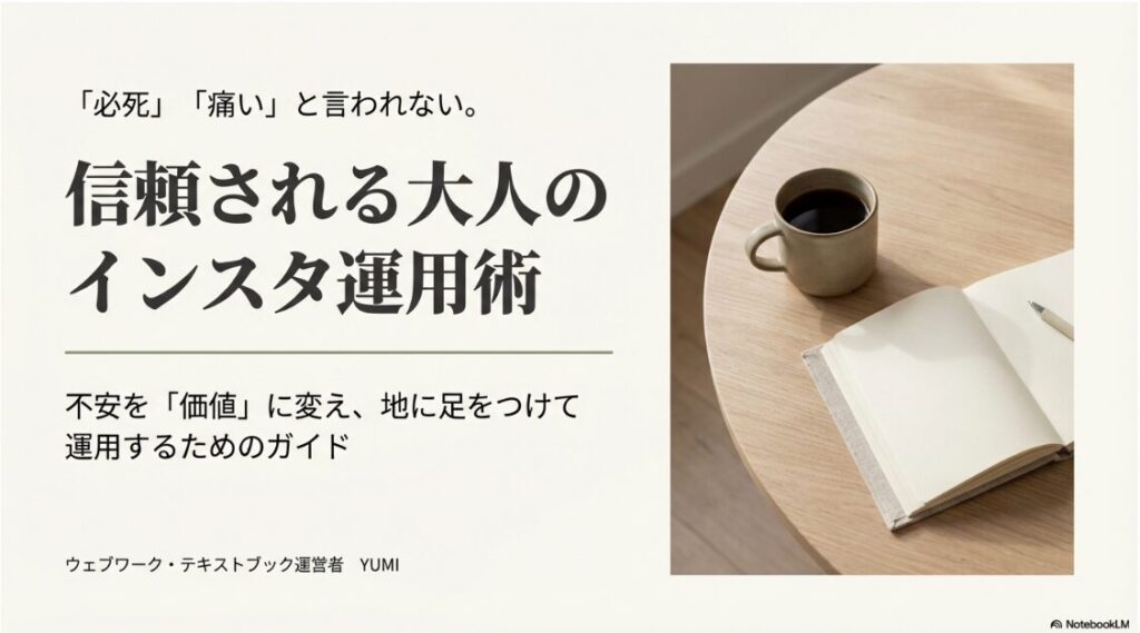 インスタで主婦が必死に見えない発信へ！ノートとコーヒーが置かれたテーブルの写真。「必死」「痛い」と言われない、信頼される大人のインスタ運用術の表紙。