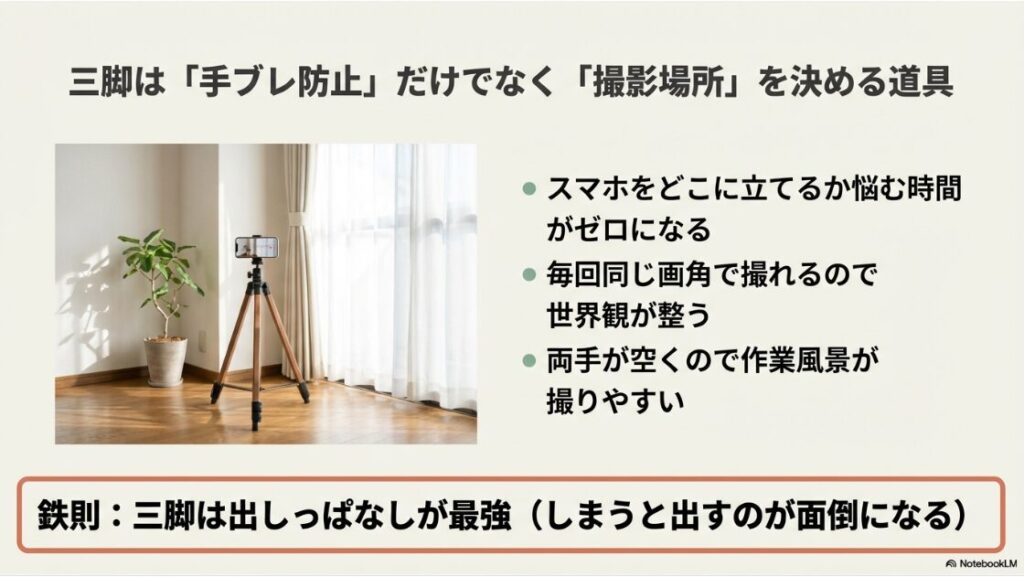 三脚を使用することで手ブレ防止や構図固定ができるメリットの解説