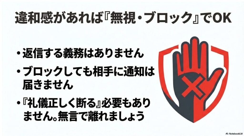 インスタのビジネスチャットが怪しい?手のひらで拒否する盾のイラストと、無視・ブロックを推奨するテキスト