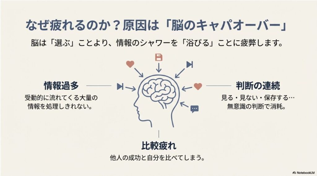 インスタに飽きた！苦手でも収益化できる：情報過多、比較疲れ、判断の連続によって脳が疲弊することが、インスタグラムがしんどいと感じる主な原因です。