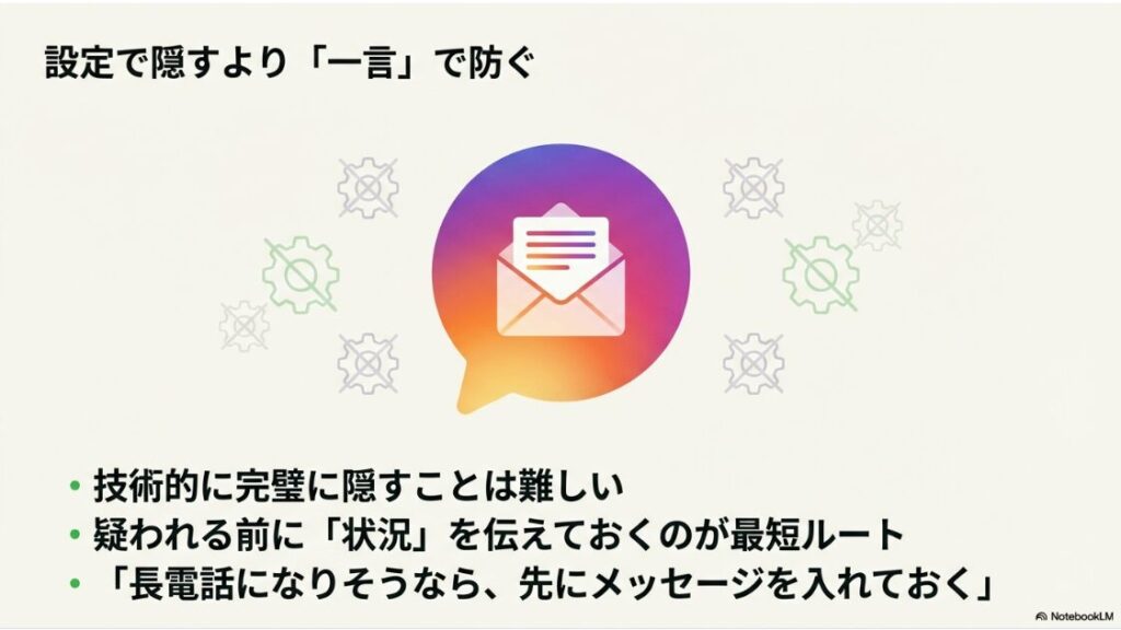 インスタで電話中にLINE電話は出れる？通話設定をいじるよりも、事前にメッセージを送ることでトラブルを防ぐことを提案するアイコン。