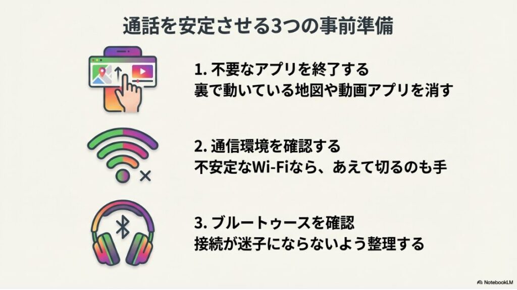 インスタで電話中にLINE電話は出れる？通話を安定させるための3つの事前準備。不要アプリ終了、Wi-Fi確認、Bluetooth整理のアイコン。