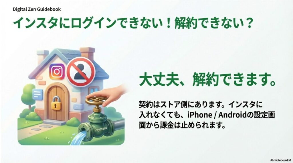 インスタグラムのアカウントにログインできなくても、iPhoneやAndroidの設定画面（家の外の蛇口）から課金を停止できることを説明するイメージ図。