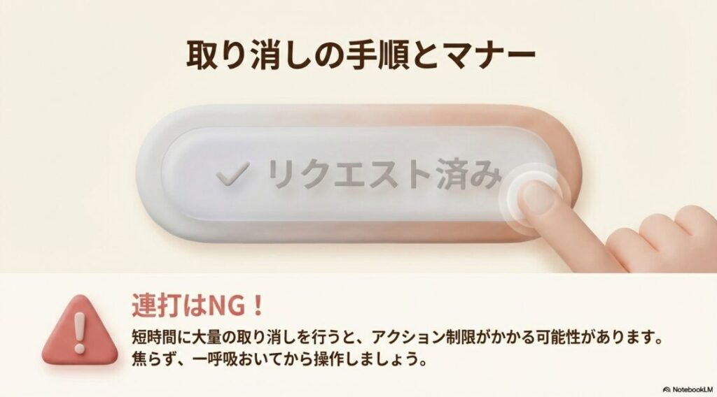 インスタでフォローリクエストした人を確認する方法:フォローリクエスト取り消しの手順と、連打によるアクション制限への注意喚起