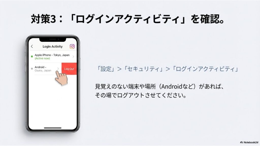 インスタのパスワードをリセットメールが覚えがないのに届いた原因：設定の「ログインアクティビティ」から不審な端末や場所を確認し、ログアウトさせる方法