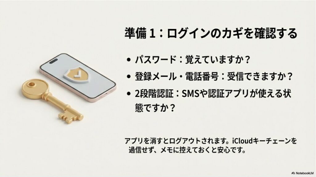 インスタの書類とデータを削除で容量激減!ログインに必要な3つの鍵(パスワード、登録メール・電話番号、2段階認証)の確認を促すチェックリスト。