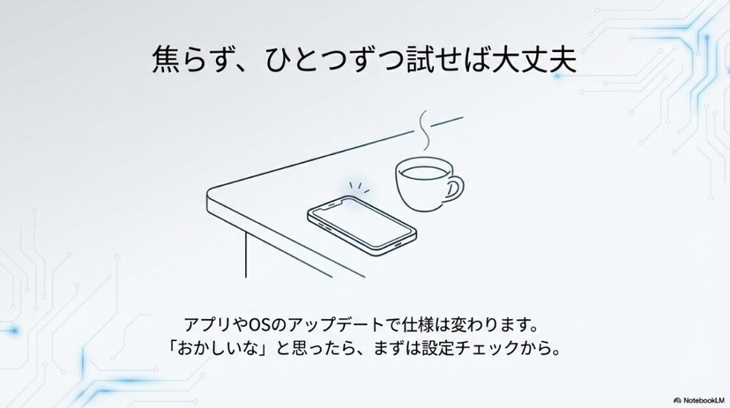 インスタでスクショをしたら暗くなる原因：スマホとコーヒーのイラストと共に、アプリやOSの仕様変更に合わせてまずは設定チェックから始めることを促す画像