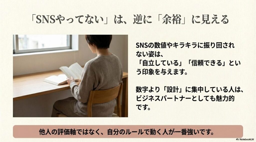 インスタをやってない初心者がSNSで収益化する最短ステップ完全版:SNSの数値に振り回されない姿が、自立や信頼という印象を与えることを説明したスライド。