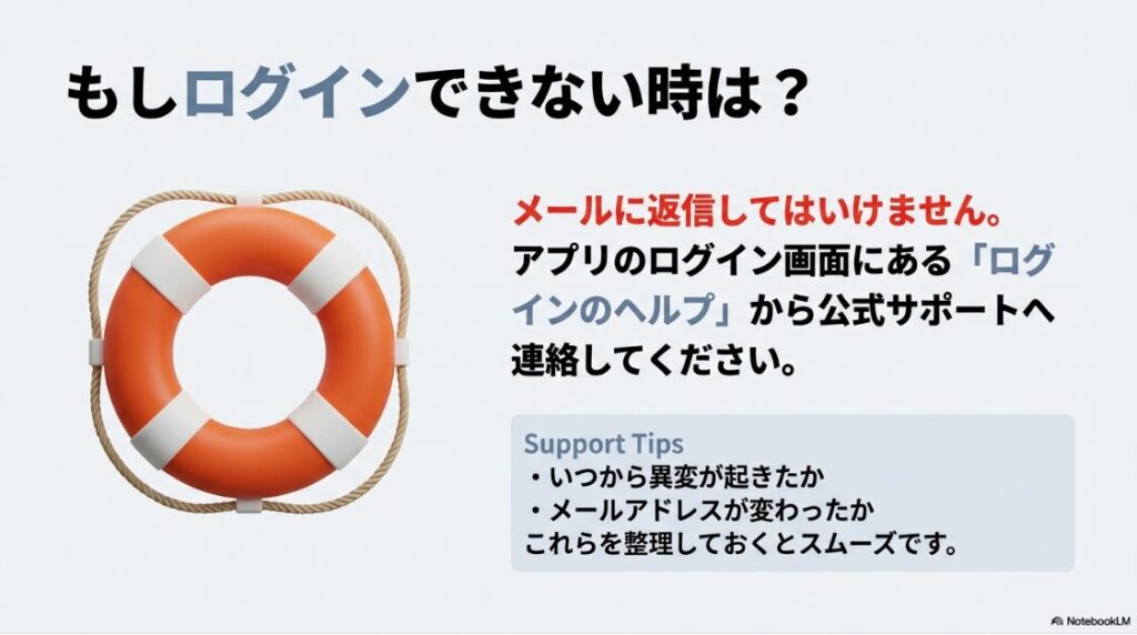 インスタのパスワードをリセットメールが覚えがないのに届いた原因：ログインできない場合に、アプリのログイン画面にある「ログインのヘルプ」から連絡する手順