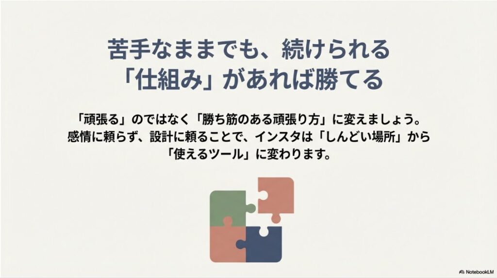 インスタに飽きた！苦手でも収益化できる：感情に頼らず設計に頼ることで、インスタグラムをしんどい場所から使えるツールに変え、苦手なままでも継続して成果を出せます。