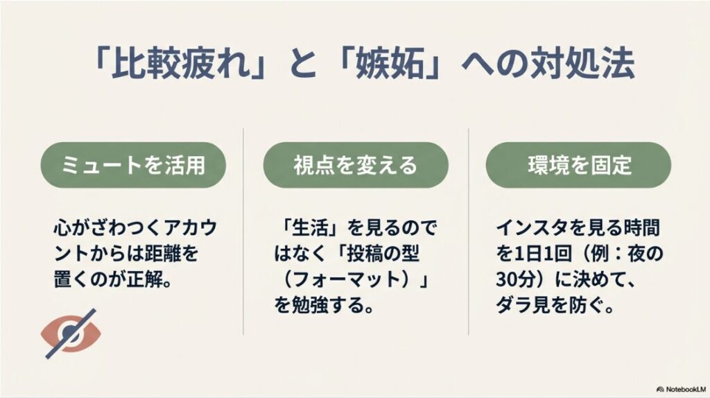 インスタに飽きた！苦手でも収益化できる：他人と比べて落ち込む時は、ミュートを活用したり、視点を「生活」から「投稿の型」に変えたり、見る時間を固定することが有効です。