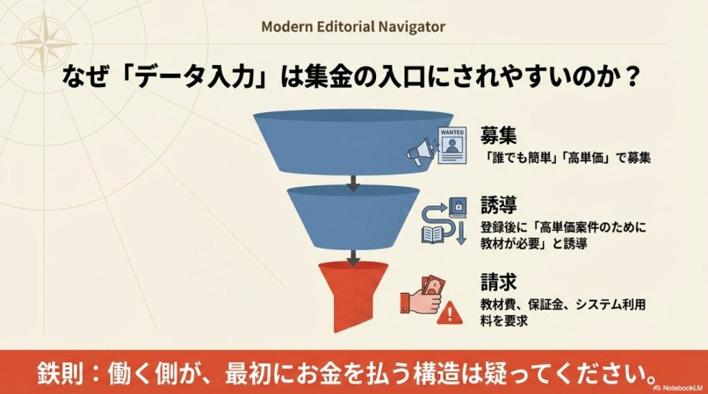 「誰でも簡単」で募集し、高額な教材費やシステム利用料を請求するデータ入力詐欺の流れ。