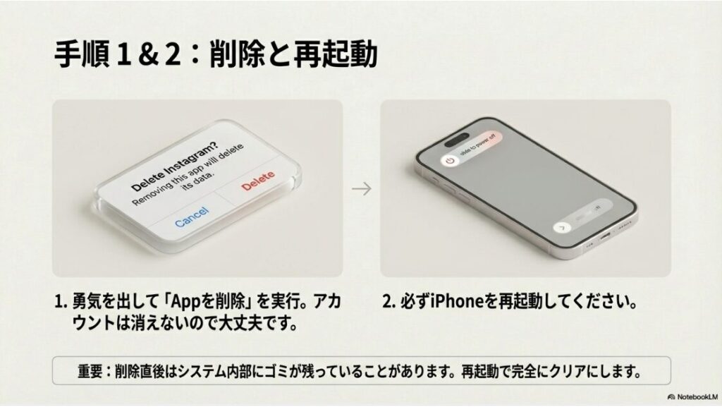 インスタの書類とデータを削除で容量激減!「Appを削除」を選択する確認画面と、その後にiPhoneの電源をオフにして再起動する画面の並列イラスト。再起動が必須であることを強調。