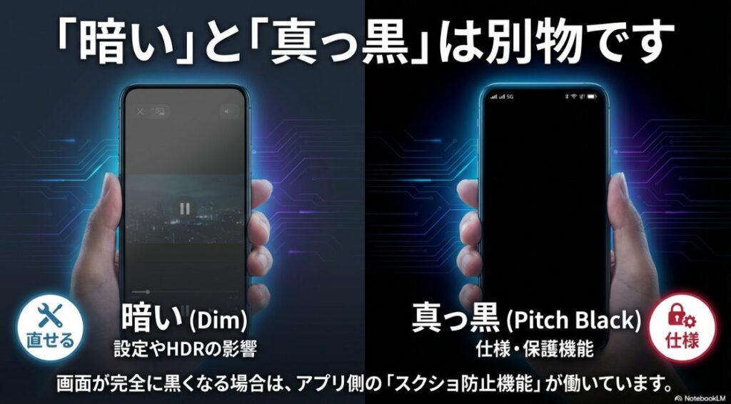 インスタでスクショをしたら暗くなる原因：設定やHDRが原因で画面が暗くなるケースと、仕様や保護機能により画面が完全に真っ黒になるケースの違いを比較した図