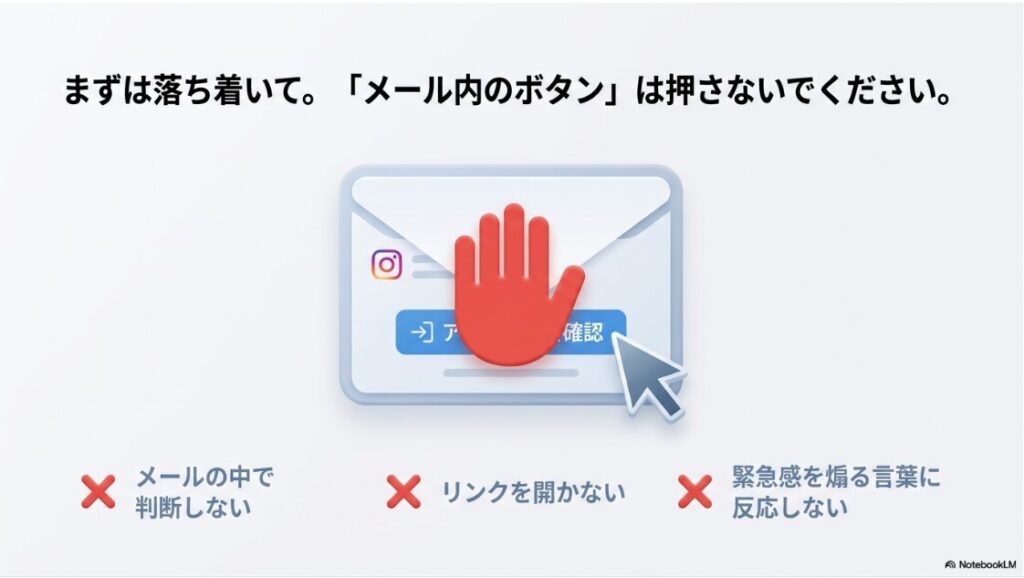 インスタのパスワードをリセットメールが覚えがないのに届いた原因：インスタグラムからのメール内のボタンやリンクをすぐに押してはいけないという注意喚起