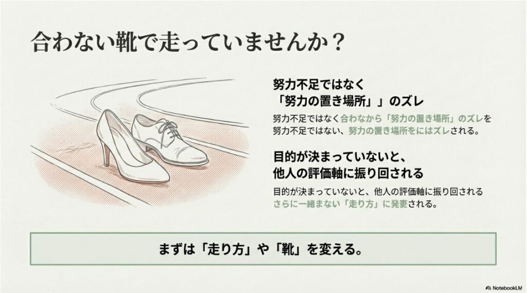 インスタがあほらしいは使い方次第｜努力不足ではなく合わない靴で走っている状態と努力の置き場所のズレ図解