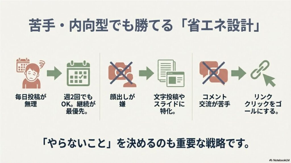 インスタに飽きた！苦手でも収益化できる：毎日投稿が無理なら週2回、顔出しが嫌なら文字投稿など、苦手な部分を避けて継続最優先で運用する戦略。