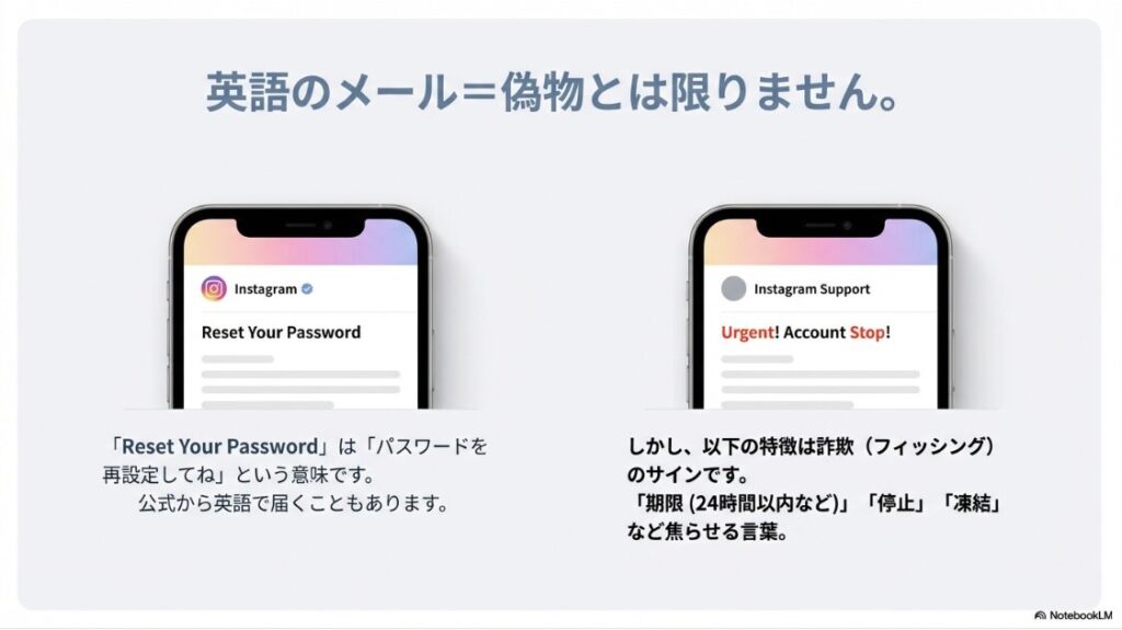 インスタのパスワードをリセットメールが覚えがないのに届いた原因：公式から英語で届く可能性と、期限や停止を煽る詐欺メールの特徴解説
