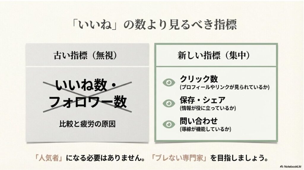 インスタをやってない初心者がSNSで収益化する最短ステップ完全版:「いいね数・フォロワー数」ではなく「クリック数・保存・問い合わせ」を見るべきという指標の対比図。