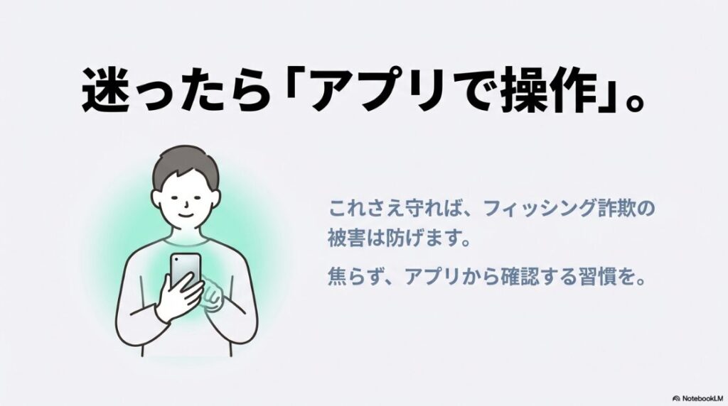 インスタのパスワードをリセットメールが覚えがないのに届いた原因：フィッシング詐欺を防ぐための最終ルール「焦らずアプリから確認する習慣」のイラスト