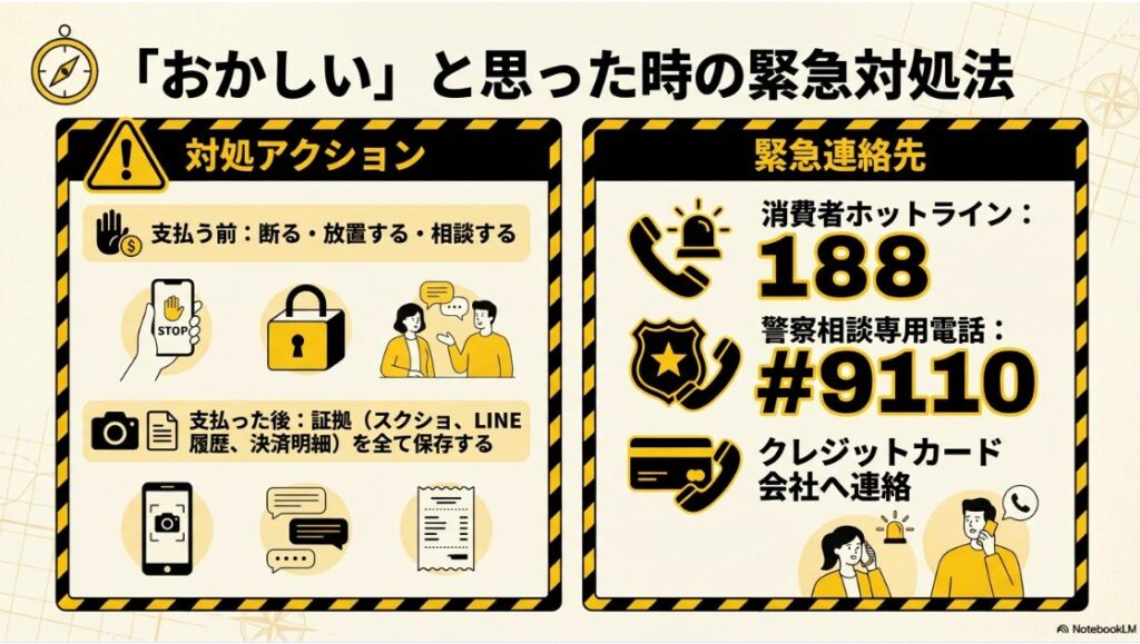 消費者ホットライン188、警察相談電話#9110など、副業トラブル時の緊急連絡先一覧。
