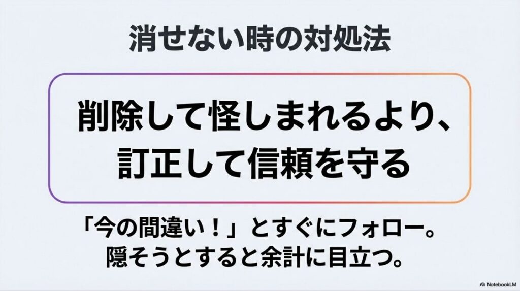 インスタのチャットを削除でバレる？相手側は？無理に削除して怪しまれるよりも、すぐに訂正やフォローを入れて信頼を守るべきという対策を提案するスライド。