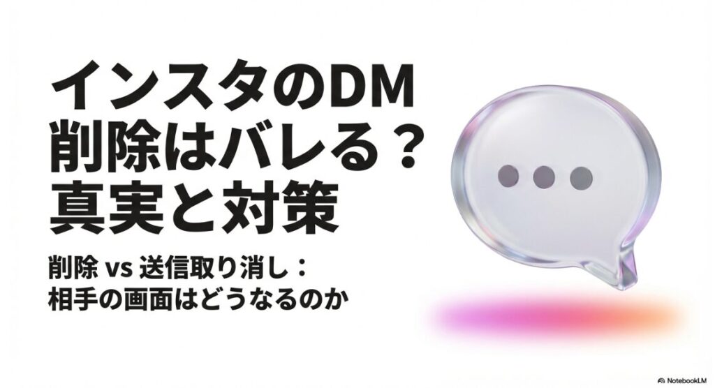 インスタのチャットを削除でバレる？相手側は？インスタのDM削除や送信取り消しが相手にバレるのか、その真実と対策について解説するスライド資料の表紙。