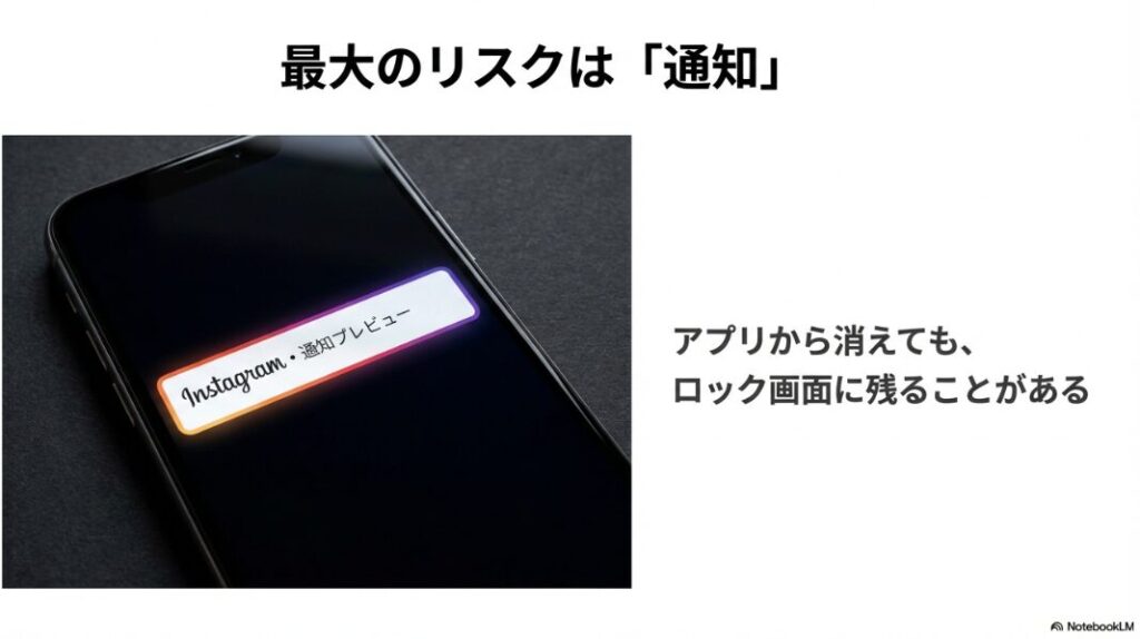 インスタのチャットを削除でバレる？相手側は？アプリ内からメッセージが消えても、スマートフォンのロック画面の通知プレビューに内容が残ってしまうリスクを示す画像。