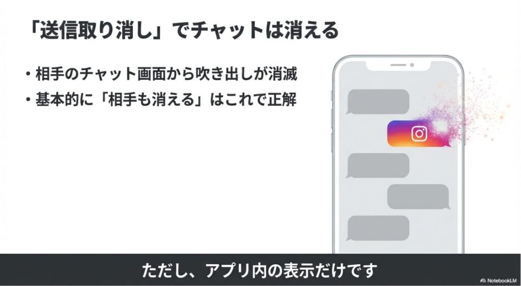 インスタのチャットを削除でバレる？相手側は？送信取り消しを行うと、相手のチャット画面からもメッセージの吹き出しが消滅することを解説するスライド。