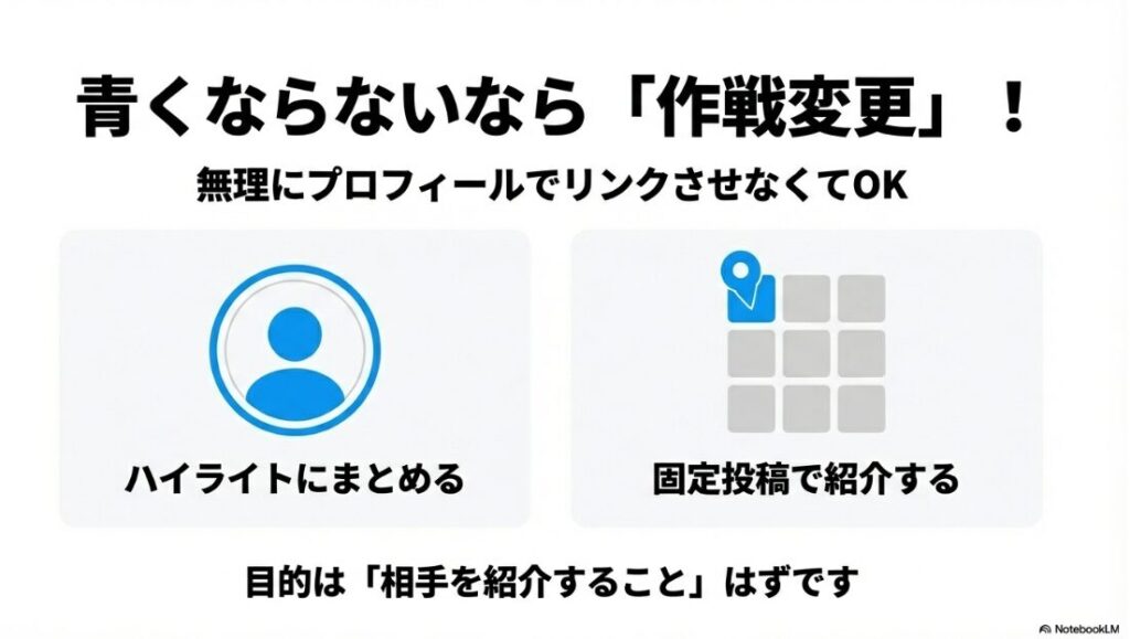 インスタでプロフィールのメンションが青くならない？プロフィールでリンクさせず、ハイライトや固定投稿を使って相手を紹介する「作戦変更」の提案。